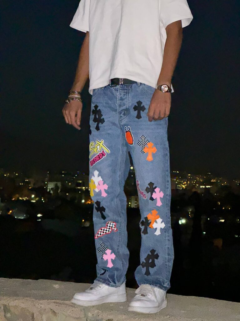 REWEAR — شلوار جین بگی پچ‌دار کروم هارتز (Cross Patch Chrome hearts Baggy Jeans)